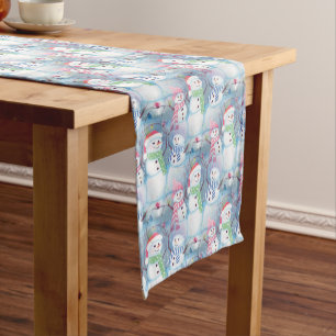 Cute Funny Winter Season Snowmen Watercolor Art Short Table Runner