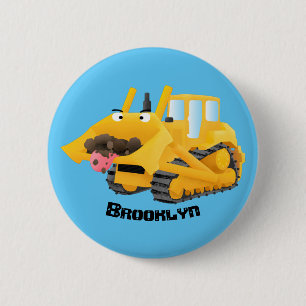 Cute funny yellow bulldozer cartoon character 2 inch round button