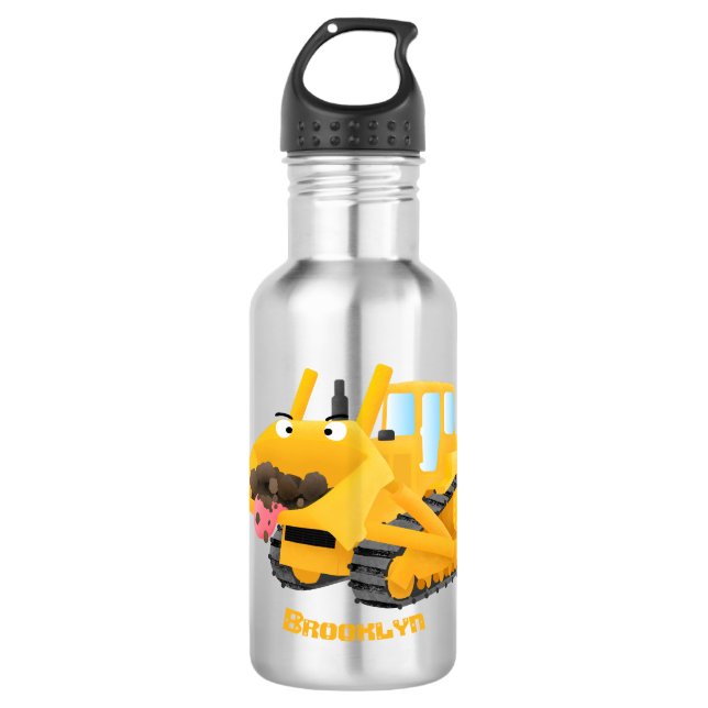 Cute funny yellow bulldozer cartoon character 532 ml water bottle (Front)