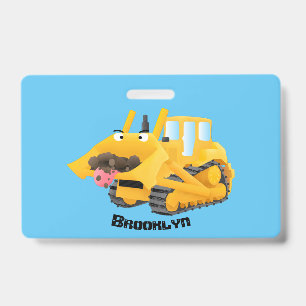 Cute funny yellow bulldozer cartoon character badge