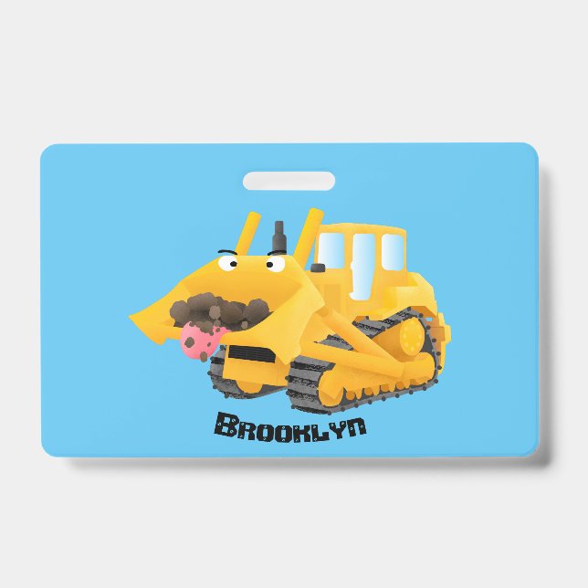 Cute funny yellow bulldozer cartoon character badge (Front)