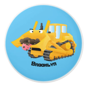 Cute funny yellow bulldozer cartoon character  ceramic knob