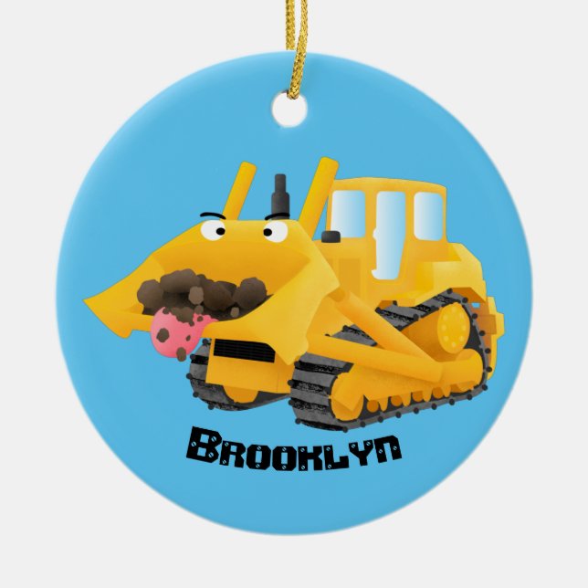 Cute funny yellow bulldozer cartoon character ceramic ornament (Front)