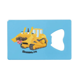 Cute funny yellow bulldozer cartoon character  credit card bottle opener