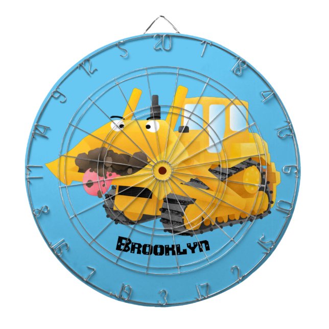 Cute funny yellow bulldozer cartoon character dartboard (Front)