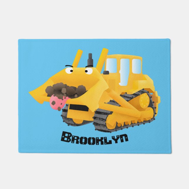 Cute funny yellow bulldozer cartoon character doormat (Front)