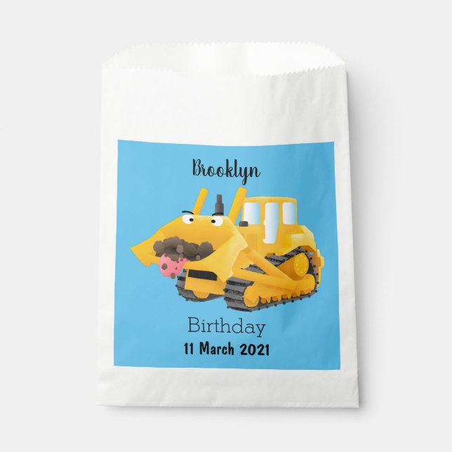 Cute funny yellow bulldozer cartoon character favour bag (Front)
