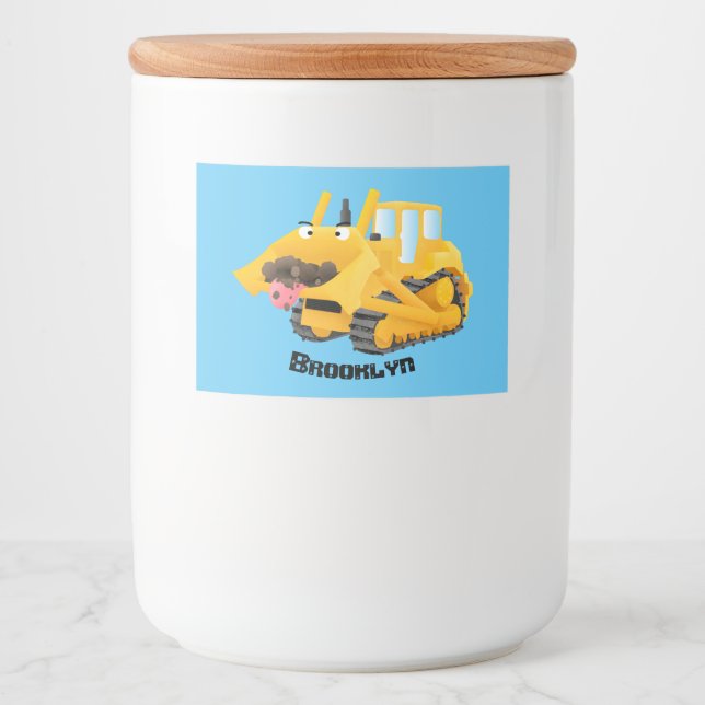 Cute funny yellow bulldozer cartoon character food label (Front)