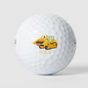 Cute funny yellow bulldozer cartoon character golf balls