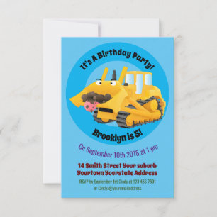 Cute funny yellow bulldozer cartoon character invitation