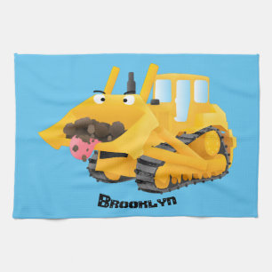 Cute funny yellow bulldozer cartoon character kitchen towel