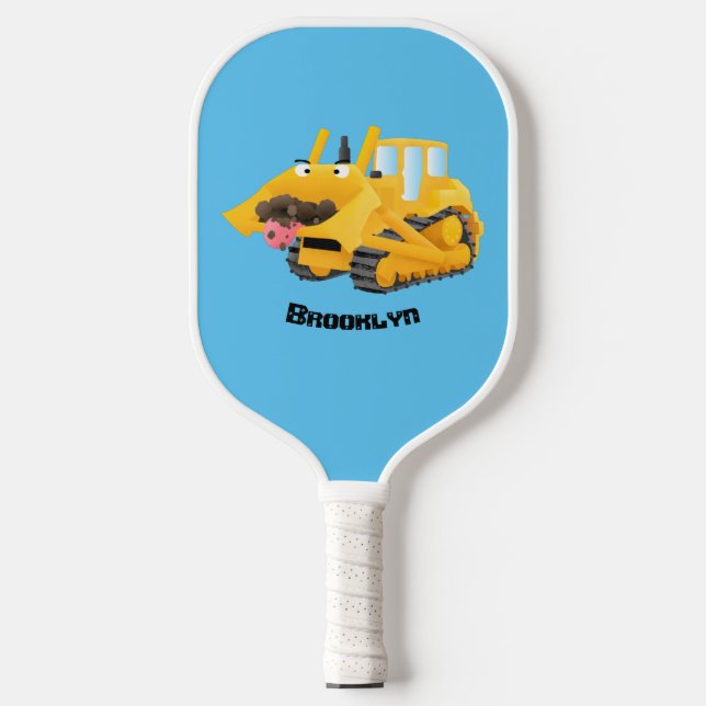 Cute funny yellow bulldozer cartoon character  pickleball paddle (Front)