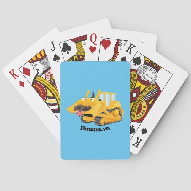 Cute funny yellow bulldozer cartoon character playing cards (Back)