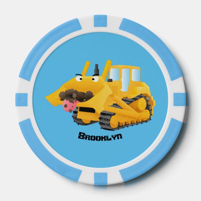 Cute funny yellow bulldozer cartoon character poker chips (Front)