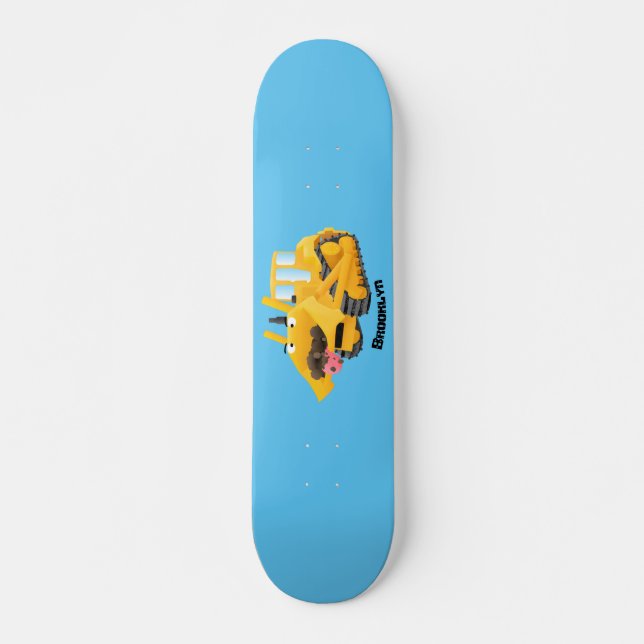 Cute funny yellow bulldozer cartoon character  skateboard (Front)