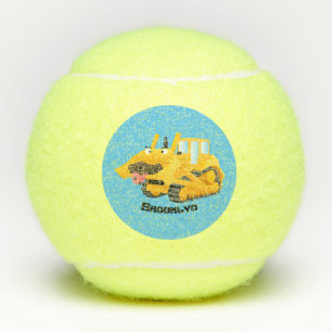 Cute funny yellow bulldozer cartoon character tennis balls