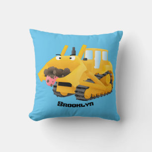 Cute funny yellow bulldozer cartoon character  throw pillow