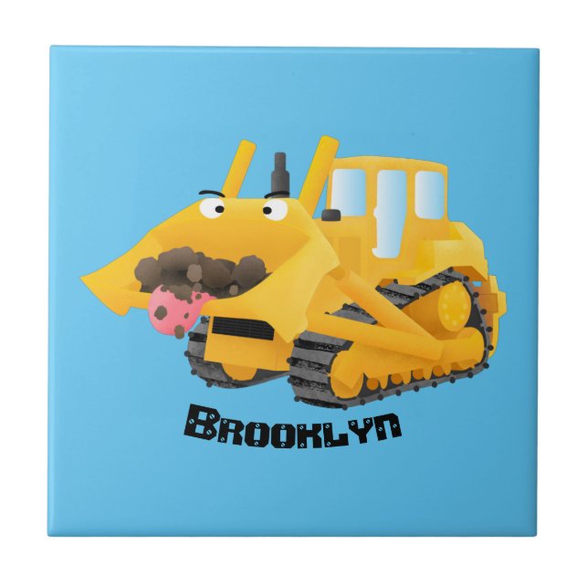 Cute funny yellow bulldozer cartoon character tile (Front)