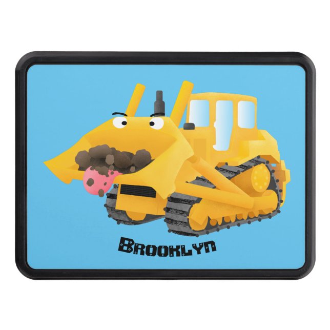 Cute funny yellow bulldozer cartoon character trailer hitch cover (Front)