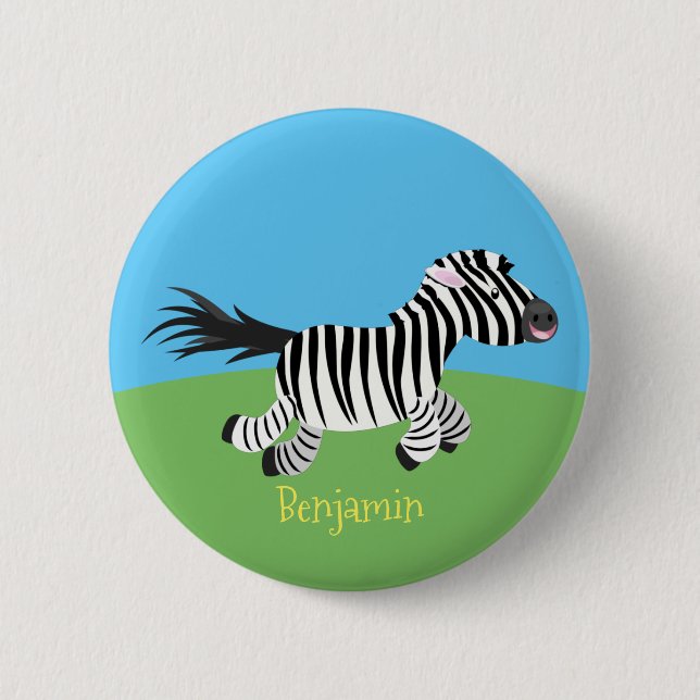 Cute funny zebra running cartoon illustration 2 inch round button (Front)