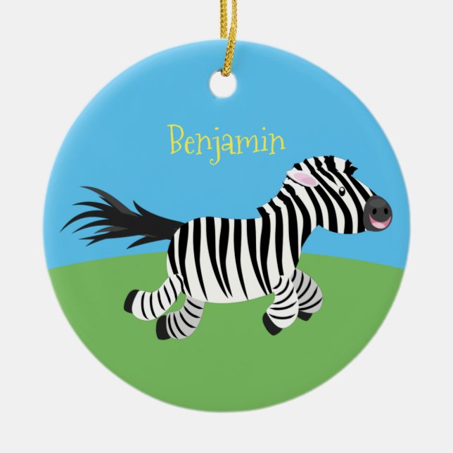 Cute funny zebra running cartoon illustration ceramic ornament (Front)