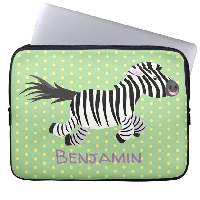 Cute funny zebra running cartoon illustration laptop sleeve (Front)