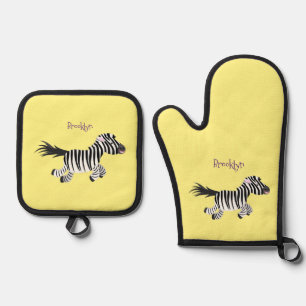 Cute funny zebra running cartoon illustration oven mitt & pot holder set
