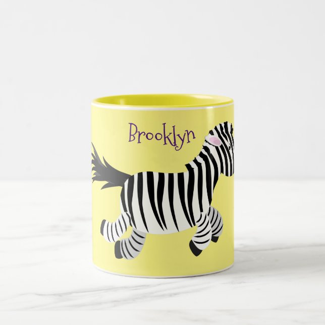 Cute funny zebra running cartoon illustration Two-Tone coffee mug (Center)