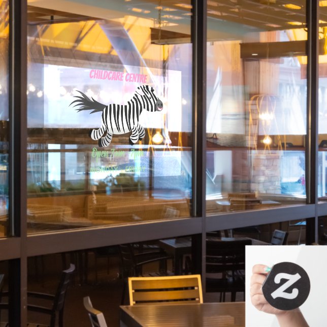Cute funny zebra running cartoon illustration window cling (Restaurant Window)