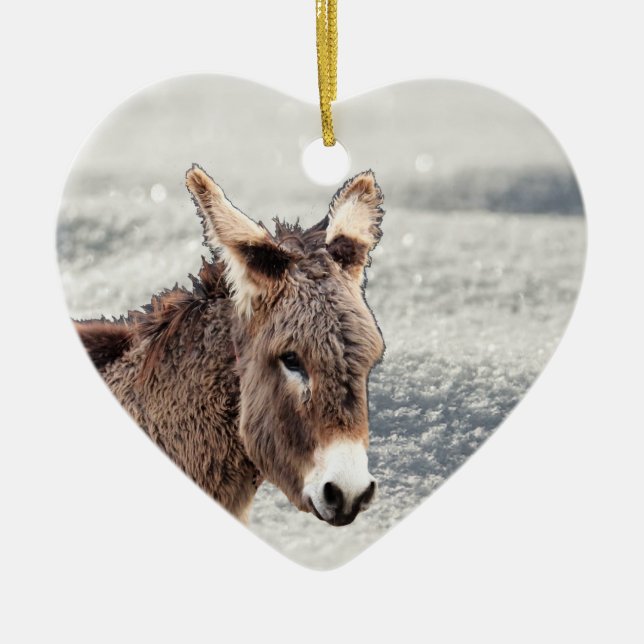 Cute Furry Donkey in Snow Ceramic Tree Decoration (Front)