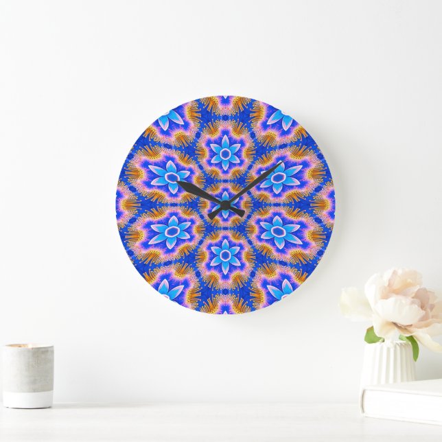 Cute Furry Flowers Pattern Large Clock (Home)