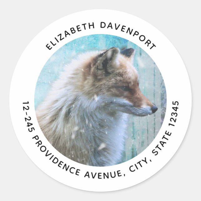 Cute Furry Fox on Blue Grunge Background Address Classic Round Sticker (Front)