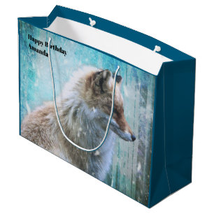 Cute Furry Fox on Blue Grunge Background Birthday Large Gift Bag