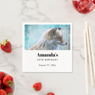Cute Furry Fox on Blue Grunge Background Birthday Napkin