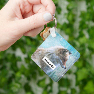Cute Furry Fox on Blue Grunge Background Keychain