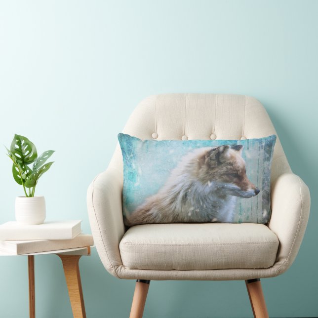 Cute Furry Fox on Blue Grunge Background Lumbar Pillow (Chair)