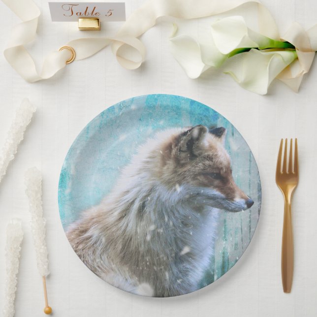 Cute Furry Fox on Blue Grunge Background Paper Plate (Wedding)