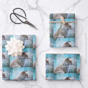 Cute Furry Fox on Blue Grunge Background Pattern Wrapping Paper Sheet