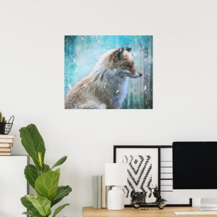 Cute Furry Fox on Blue Grunge Background Poster