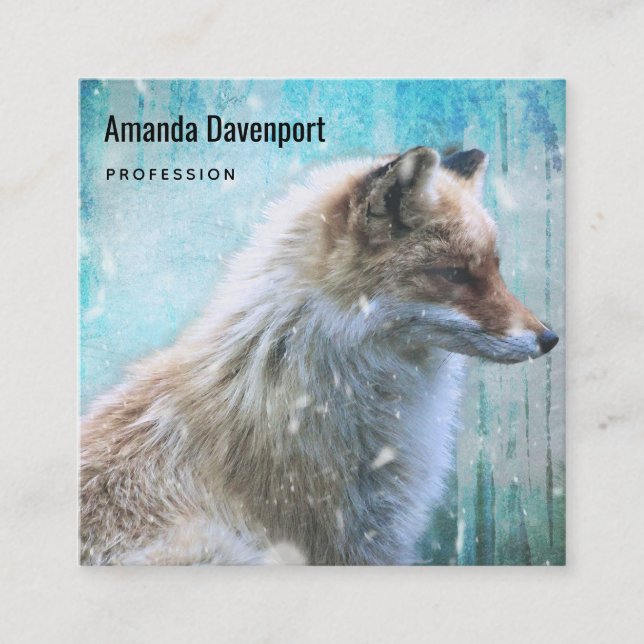  Cute Furry Fox on Blue Grunge Background Square Business Card (Front)