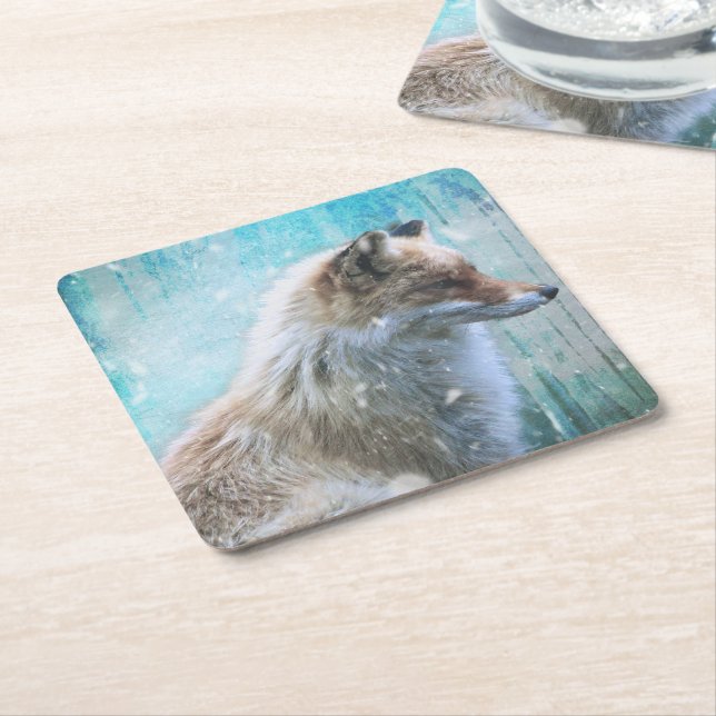 Cute Furry Fox on Blue Grunge Background Square Paper Coaster (Angled)