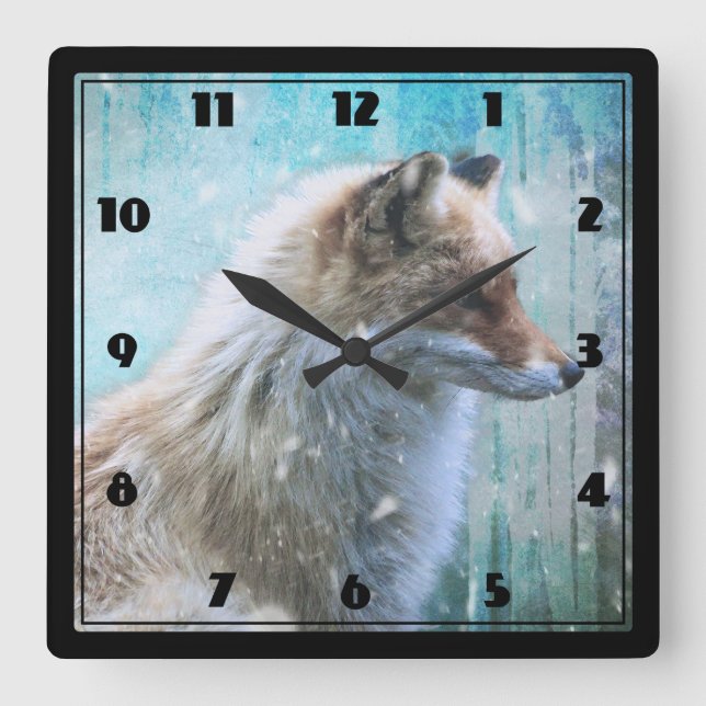 Cute Furry Fox on Blue Grunge Background Square Wall Clock (Front)