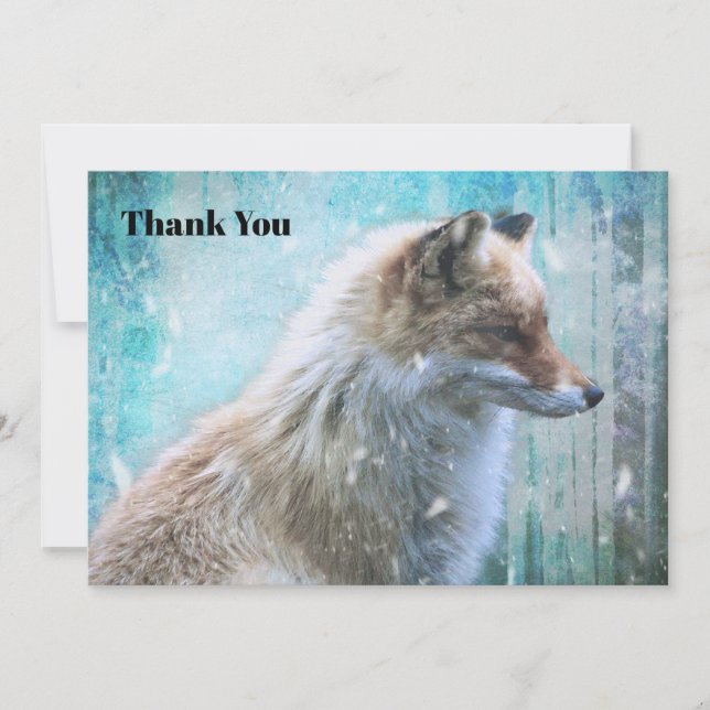 Cute Furry Fox on Blue Grunge Background Thank You Card (Front)
