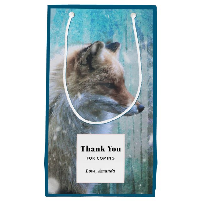 Cute Furry Fox on Blue Grunge Background Thank You Small Gift Bag (Front)