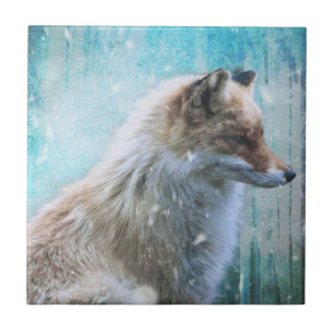 Cute Furry Fox on Blue Grunge Background Tile