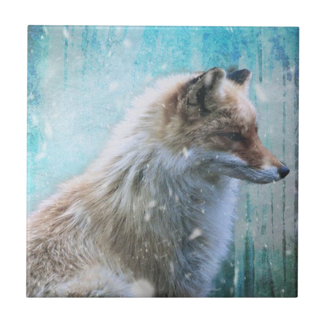 Cute Furry Fox on Blue Grunge Background Tile (Front)