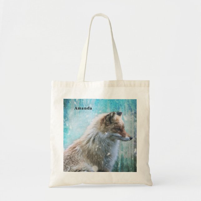 Cute Furry Fox on Blue Grunge Background Tote Bag (Front)