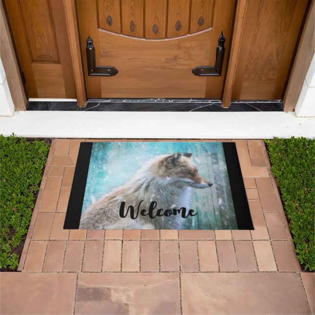 Cute Furry Fox on Blue Grunge Background Welcome Doormat (Outdoor)