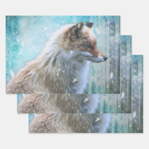 Cute Furry Fox on Blue Grunge Background Wrapping Paper Sheet