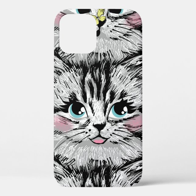 Cute furry kitten face seamless pattern. Illustrat Case-Mate iPhone Case (Back)